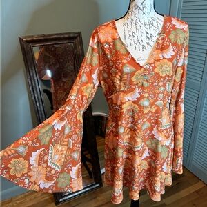 70’s Orange Floral Mini Dress with Bell Sleeves